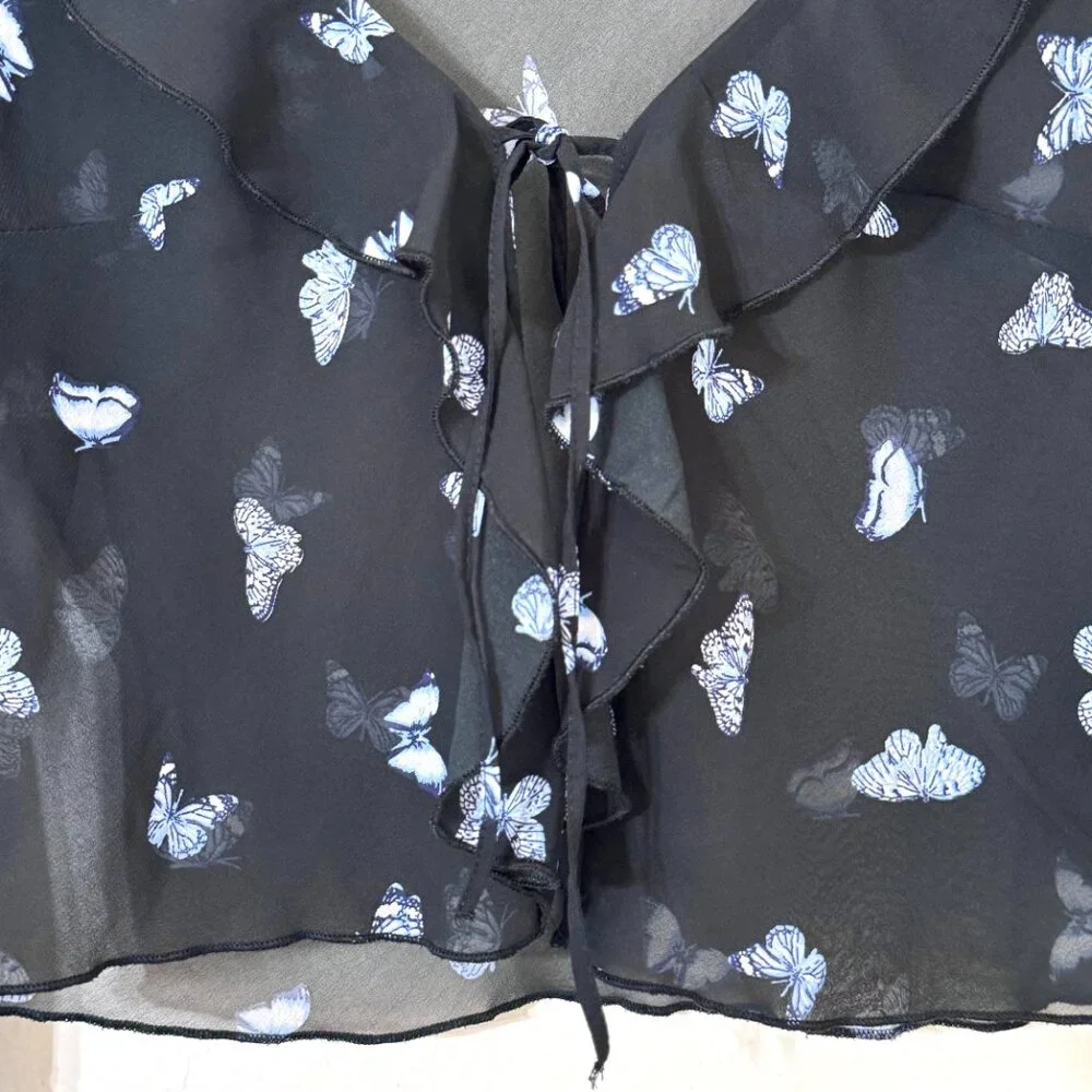 Y2K Butterfly Sheer Chiffon Cropped Top Bell Sleeves Ruffle Collar Cardigan - Picture 3 of 11